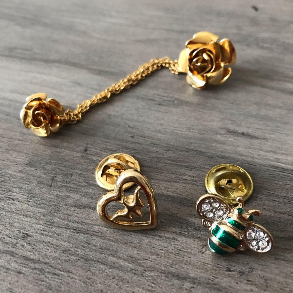 Lot of 3 rose, bee and bird pin brooch